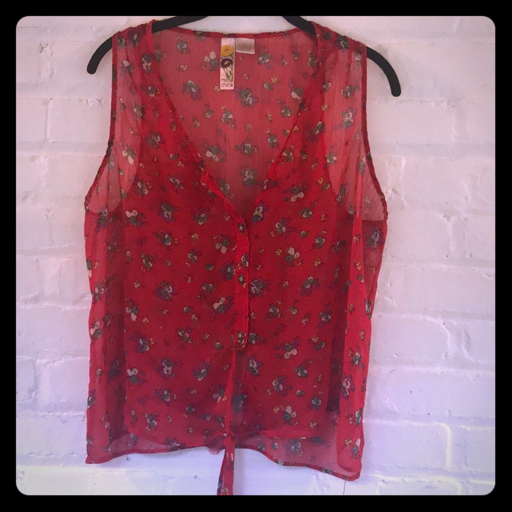 Patterned red sheer top